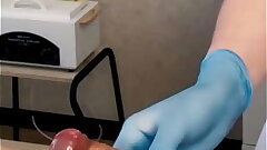 The patient CUM powerfully during the examination procedure in the doctor's legs